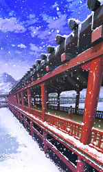 Rule 34 | 108, 1girl, architecture, black hair, blue sky, bridge, building, cloud, east asian architecture, hakama, hakama skirt, hill, japanese clothes, kimono, long hair, miko, new year, original, ponytail, scenery, skirt, sky, snow, snowing, solo, walking, wide sleeves, winter