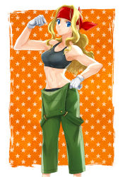 Rule 34 | 1girl, alex (street fighter), blue eyes, breasts, capcom fighting jam, clenched hand, frogcage, genderswap, genderswap (mtf), gloves, hand on own hip, headband, highres, long hair, looking at viewer, midnight bliss, midriff, navel, orange background, overalls, red headband, simple background, small breasts, solo, standing, white gloves