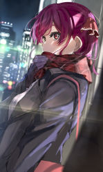 Rule 34 | 1girl, bad id, bad pixiv id, bag, black jacket, breasts, building, city lights, cityscape, covering own mouth, facing to the side, from side, gloves, hair ribbon, heterochromia, highres, hololive, houshou marine, icehotmilktea, jacket, lights, long hair, looking at viewer, medium breasts, night, plaid, plaid scarf, red eyes, red hair, red neckwear, ribbon, scarf, shoulder bag, sidelocks, skyscraper, solo, upper body, virtual youtuber, yellow eyes