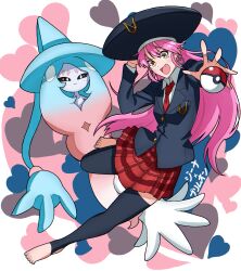Rule 34 | 1girl, :d, black headwear, black thighhighs, character name, creatures (company), earrings, fang, formal, full body, game freak, gen 8 pokemon, gina (undead unluck), hand up, hat, hatterene, heart, highres, holding, holding poke ball, jewelry, long hair, long sleeves, necktie, nintendo, open mouth, pink hair, plaid, plaid skirt, poke ball, pokemon, pokemon (creature), red necktie, red skirt, shishiruto, skirt, smile, stirrup legwear, suit, thighhighs, toeless legwear, undead unluck, very long hair