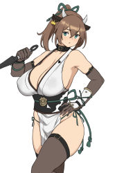 Rule 34 | 1girl, animal ears, arm guards, breasts, brown hair, cleavage, collar, collarbone, cow ears, cow girl, cow horns, elbow gloves, gloves, green eyes, hair ribbon, highres, holding, holding weapon, horns, houtengeki, kunai, large breasts, ninja, obi, original, panties, ponytail, revealing clothes, ribbon, sash, side-tie panties, sidelocks, simple background, solo, thighhighs, thighs, underwear, weapon, white background