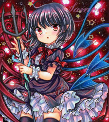 Rule 34 | 1girl, :o, asymmetrical wings, black dress, black hair, black thighhighs, blue wings, blush, bow, bowtie, cowboy shot, dress, frills, holding, holding weapon, houjuu nue, looking at viewer, marker (medium), open mouth, pointy ears, polearm, red bow, red eyes, red wings, rui (sugar3), sample watermark, short dress, short sleeves, snake, solo, star (sky), star (symbol), thighhighs, touhou, traditional media, trident, ufo, watermark, weapon, wings, wrist cuffs, wristband, zettai ryouiki