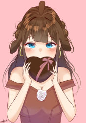 Rule 34 | 1girl, ahoge, alternate costume, blue eyes, breasts, brown dress, brown hair, chocolate, cleavage, commentary request, double bun, dress, earrings, flower, hair bun, heart, highres, jewelry, kantai collection, kongou (kancolle), long hair, looking at viewer, medium breasts, off-shoulder dress, off shoulder, rose, sakurai nana (moshichi), solo, upper body, white flower, white rose