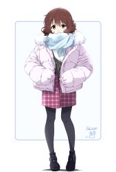 Rule 34 | 1girl, alternate costume, bag, black pantyhose, blue background, boots, brown eyes, brown hair, dated, down jacket, grey footwear, grey scarf, handbag, hibike! euphonium, highres, jacket, long sleeves, looking at viewer, nii manabu, open clothes, open jacket, oumae kumiko, pantyhose, pink jacket, pink skirt, plaid, plaid skirt, scarf, shirt, short hair, signature, simple background, skirt, sleeves past wrists, solo, standing, white shirt
