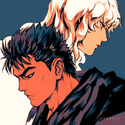 Rule 34 | 2boys, artist name, berserk, black eyes, black hair, blonde hair, blue background, closed mouth, commentary, from side, griffith (berserk), guts (berserk), long hair, looking down, male focus, multiple boys, portrait, profile, scar, scar on face, short hair, spiked hair, thick eyebrows, two-tone background, wavy hair, white background, zzyzzyy