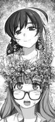 Rule 34 | 10s, 2girls, adjusting clothes, adjusting headwear, ahoge, blouse, blunt bangs, blush stickers, commentary, english commentary, flower, frown, girls und panzer, glasses, greyscale, half-closed eyes, head tilt, head wreath, isuzu hana, long hair, looking at another, looking up, monamin, monochrome, multiple girls, ooarai school uniform, open mouth, school uniform, shirt, smile, sweatdrop, takebe saori