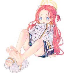Rule 34 | 1girl, barefoot, blue archive, blue eyes, blush, chaosexceed, feet, hair ribbon, halo, highres, long hair, open mouth, red hair, ribbon, sandals, simple background, single barefoot, soles, solo, teeth, toenails, toes, upper teeth only, white background, yuzu (blue archive)