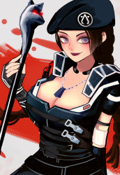 Rule 34 | 1girl, animification, apex legends, arms dealer loba, bad id, bad pixiv id, beret, black choker, black gloves, black hat, braid, breasts, brown hair, choker, cleavage, dog tags, fingerless gloves, gloves, hat, highres, holding, holding staff, knife, large breasts, loba (apex legends), official alternate costume, purple eyes, smile, solo, staff, twin braids, xiaoye ju er