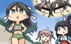 Rule 34 | &gt; &lt;, 5girls, :3, alternate costume, animal, animal on head, bar censor, bare arms, bare shoulders, black hair, blue eyes, blue hair, censored, clenched hands, commentary request, contemporary, crop top, dated, detached sleeves, closed eyes, floral print, flying sweatdrops, fusou (kancolle), gradient hair, hair between eyes, hair bobbles, hair flaps, hair ornament, hamu koutarou, headband, headgear, height difference, highres, japanese clothes, kantai collection, katsuragi (kancolle), long hair, looking at another, looking away, midriff, motion lines, multicolored hair, multiple girls, navel, nontraditional miko, on head, open mouth, outdoors, pink hair, rabbit, rabbit on head, red eyes, remodel (kantai collection), sazanami (kancolle), short hair, spoken character, sportswear, stomach, sweatdrop, thumbs up, twintails, zuihou (kancolle), zuikaku (kancolle)