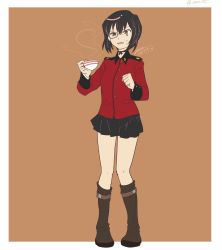 Rule 34 | 1girl, alternate costume, artist name, black-framed eyewear, black footwear, black hair, black skirt, boots, bow choker, brown background, brown eyes, choker, commentary, cup, dated, epaulettes, fang, frown, full body, girls und panzer, gloom (expression), highres, holding, holding cup, insignia, jacket, kawashima momo, knee boots, long sleeves, military, military uniform, miniskirt, monocle, one-hour drawing challenge, open mouth, outside border, pleated skirt, red jacket, ribbon choker, semi-rimless eyewear, short hair, signature, simple background, skin fang, skirt, solo, st. gloriana&#039;s military uniform, standing, steam, sweatdrop, teacup, twitter username, under-rim eyewear, uniform, zono (inokura syuzo029)