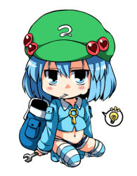 Rule 34 | 1girl, backpack, bag, blue eyes, blue hair, candy, chibi, eating, food, hair bobbles, hair ornament, hat, kawashiro nitori, lollipop, looking back, matching hair/eyes, navel, solo, spoken lightbulb, striped clothes, striped thighhighs, sugiura, thighhighs, touhou, twintails, two side up, wrench