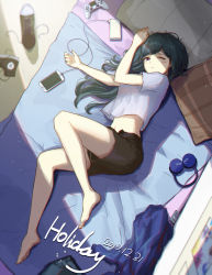 Rule 34 | 1girl, absurdres, bare legs, bed, bed sheet, black hair, cellphone, controller, converse, full body, game controller, headphones, highres, long hair, lying, on side, one eye closed, original, phone, shoes, shorts, smartphone, sneakers, solo, tank top, ziran majiang