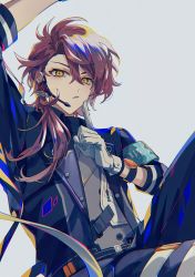 Rule 34 | 1boy, cain knightley, collared jacket, finger to mouth, finger to own chin, gloves, grey background, hair between eyes, highres, jacket, long hair, long sleeves, looking at viewer, mahoutsukai no yakusoku, male focus, naruta iyo, parted lips, ponytail, red hair, shushing, simple background, solo, thigh strap, white background, yellow eyes