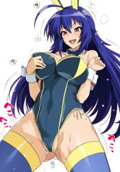 Rule 34 | 1girl, :d, ?, ahoge, blue hair, blue thighhighs, bow, bowtie, breasts, collarbone, covered navel, detached collar, green bow, green bowtie, green leotard, haruhisky, highres, kurokami medaka, large breasts, leotard, long hair, medaka box, open mouth, playboy bunny, simple background, smile, solo, spoken question mark, teeth, thighhighs, tongue, upper teeth only, white background, white wrist cuffs, wrist cuffs