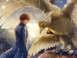 Rule 34 | 1boy, back, brown hair, coat, fantastic beasts and where to find them, feathered wings, feathers, freckles, green eyes, harry potter (series), male focus, newt scamander, rain, save (naita aooni), solo, thunderbird (fantastic beast), umbrella, wand, wings, wizarding world