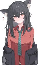 Rule 34 | 1girl, ?, absurdres, animal ear fluff, animal ear piercing, animal ears, arknights, black hair, black jacket, blush, breasts, closed mouth, clothes down, collared shirt, embarrassed, green necktie, hair between eyes, highres, jacket, long hair, looking at viewer, medium breasts, navel, necktie, nui (nuinui0300), official alternate costume, open clothes, open collar, open jacket, red eyes, red shirt, shirt, simple background, solo, standing, sweat, texas (arknights), texas (willpower) (arknights), upper body, white background, wolf ears, wolf girl