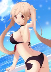Rule 34 | 10s, 1girl, ass, back, bare arms, bare shoulders, bikini, breasts, cloud, cowboy shot, day, dutch angle, female focus, from side, gradient background, highres, horizon, kantai collection, large breasts, light brown hair, long hair, looking at viewer, looking back, murasame (kancolle), ocean, outdoors, red eyes, sideboob, sky, smile, solo, strap gap, swimsuit, twintails, water, zuihou (hechen121)