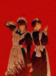 Rule 34 | 2girls, apron, arm at side, back-to-back, back bow, between fingers, black dress, black hair, black nails, blood, blood on clothes, blood on face, blood on hands, bow, brown hair, cigarette, collared dress, dress, earrings, feet out of frame, hand on own elbow, hand up, head tilt, highres, holding, holding cigarette, holding crowbar, implied murder, jewelry, juliet sleeves, kou (tamagosan1001), long sleeves, looking at viewer, maid, maid apron, maid headdress, multiple girls, nail polish, original, pocket, puffy sleeves, red background, red eyes, red theme, short hair, sidelocks, simple background, smoke, smoking, spoken star, standing, star (symbol), v, white apron