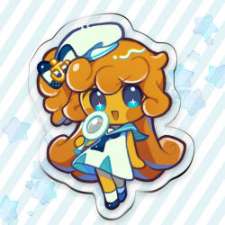 1girl :d akibevillage arm_at_side bare_arms bare_shoulders blue_background blue_eyes blue_footwear blue_necktie blue_sailor_collar brown_hair commentary_request cookie_run cookie_run:_ovenbreak curly_hair diagonal-striped_background dress flipped_hair full_body hair_between_eyes hat holding holding_magnifying_glass long_hair looking_at_viewer magnifying_glass necktie no_pupils no_sclera official_alternate_costume official_alternate_hairstyle one_side_up open_mouth sailor_collar simple_background single_eyebrow sleeveless sleeveless_dress smile socks solo sparkling_eyes star_(symbol) striped_background two-tone_background v-shaped_eyebrows walnut_cookie walnut_cookie_(summer_memories) white_background white_dress white_hat white_socks