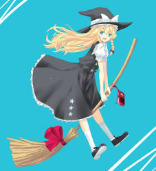 Rule 34 | 1girl, blonde hair, blue eyes, broom, cosplay, female focus, full body, hat, kiki (majo no takkyuubin), kiki (majo no takkyuubin) (cosplay), kirisame marisa, majo no takkyuubin, nabeshima tetsuhiro, parody, radio, ribbon, simple background, skirt, solo, studio ghibli, touhou, witch, witch hat