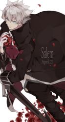 Rule 34 | 1boy, bishounen, black pants, blue eyes, charles-henri sanson (fate), collared jacket, commentary request, dated, expressionless, fate/grand order, fate (series), feet out of frame, flower, gloves, highres, holding, holding flower, jacket, long sleeves, looking away, male focus, momiji (00mmj00), pants, petals, red flower, rose, shirt, short hair, simple background, solo, white background, white gloves, white hair
