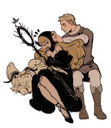 Rule 34 | 1boy, 1girl, ankle lace-up, bare shoulders, black dress, black headwear, blonde hair, boots, closed eyes, cross-laced footwear, curious, detached collar, detached sleeves, dress, dungeon meshi, ear covers, feathered wings, gloom (expression), grabbing another&#039;s ear, grey hair, hand on another&#039;s ear, highres, holding, holding staff, hood, hood up, hooves, horns, invisible chair, laios touden, layered sleeves, lion, long hair, long sleeves, looking at another, looking to the side, looking up, marcille donato, marcille donato (lord), open mouth, pants, profile, shirt, short hair, short over long sleeves, short sleeves, simple background, sitting, spoilers, sprout, staff, white background, winged lion (dungeon meshi), wings, yumiansir