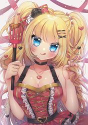 Rule 34 | 1girl, :q, absurdres, akai haato, akai haato (gothic lolita), aqua eyes, bare shoulders, belt, black choker, blonde hair, blush, breasts, choker, cleavage, collarbone, cross-laced clothes, cross-laced top, eyebrows hidden by hair, eyelashes, hair ornament, hair ribbon, hairclip, hand in own hair, highres, holding, holding spatula, hololive, kimgaby, large breasts, long hair, looking at viewer, parted hair, playing with own hair, ribbon, ruffling hair, skirt, skirt set, smile, solo, spatula, tongue, tongue out, twitter username, two side up, upper body, very long hair, virtual youtuber, w arms, white background, x hair ornament