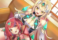 bangs, bare shoulders, blonde hair, breasts, chest jewel, cleavage, cleavage cutout, clothing cutout, dress, earrings, elbow gloves, gloves, jewelry, katwo, large breasts, long hair, mythra (xenoblade), nintendo, pyra (xenoblade), red eyes, red hair, selfcest, short dress, short hair, swept bangs, tiara, very long hair, white dress, white gloves, xenoblade chronicles (series), xenoblade chronicles 2, yellow eyes