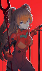 Rule 34 | 1girl, absurdres, bident, blue eyes, bodysuit, breasts, cho gum, closed mouth, commentary, hair between eyes, hairpods, hand on railing, highres, holding, holding polearm, holding weapon, interface headset, lance, lance of longinus (evangelion), light smile, lips, long hair, looking at viewer, medium breasts, neon genesis evangelion, orange hair, pilot suit, plugsuit, polearm, railing, red background, red bodysuit, simple background, solo, souryuu asuka langley, twintails, very long hair, weapon, wide hips