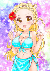 Rule 34 | 1girl, :d, aqua bikini, aqua sarong, bikini, blonde hair, breasts, brown eyes, cleavage, clenched hands, commentary request, flower, front-tie bikini top, front-tie top, girls und panzer, hair flower, hair ornament, hair pulled back, hairband, kuromori yako, large breasts, long hair, looking at viewer, multicolored background, navel, open mouth, partial commentary, sarong, sasaki akebi, smile, solo, swimsuit, w arms, white hairband