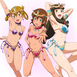 Rule 34 | 10s, 3girls, amy (suisei no gargantia), aqua eyes, arabian clothes, arm behind back, arm up, armpits, back, barefoot, belly dancer, black hair, blue eyes, breasts, brown hair, earrings, flat chest, green eyes, jewelry, long hair, lots of jewelry, melty (suisei no gargantia), multiple girls, necklace, outstretched hand, saaya (suisei no gargantia), short hair, suisei no gargantia, twintails, yellow eyes, yoshida keiji