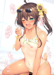 Rule 34 | 1boy, 1girl, absurdres, ahoge, bar censor, bikini, bikini bottom aside, bikini top lift, blush, breasts, brown hair, censored, clothes lift, clothing aside, collarbone, commentary request, cowgirl position, eyewear on head, flower, girl on top, green eyes, hair between eyes, hair flower, hair ornament, hanpenmaru, hetero, highres, hololive, long hair, motion lines, natsuiro matsuri, natsuiro matsuri (summer 2020), navel, nipples, one-piece tan, one eye closed, open mouth, penis, saliva, sex, side ponytail, small breasts, solo focus, straddling, sunflower, sunflower hair ornament, sunglasses, sweat, swimsuit, tan, tanline, teeth, upper teeth only, virtual youtuber
