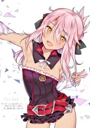 Rule 34 | 1girl, armpits, bare shoulders, belt, belt buckle, black bow, blush, bow, breasts, buckle, chloe von einzbern, cosplay, dark-skinned female, dark skin, detached collar, detached sleeves, dress, fate/grand order, fate/kaleid liner prisma illya, fate (series), frills, hair between eyes, hair bow, hand gesture, helena blavatsky (fate), helena blavatsky (fate) (cosplay), hip focus, long hair, looking at viewer, medallion, nana kagura, one side up, open mouth, pink hair, purple dress, ribbon, simple background, small breasts, smile, solo, strapless, thighs, v, white background, yellow eyes