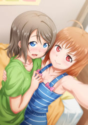 Rule 34 | &gt;:), 2girls, ahoge, armpits, bare shoulders, bed, blue eyes, blue shirt, blush, breasts, cleavage, flustered, green shirt, grey hair, highres, hug, indoors, looking at viewer, love live!, love live! school idol project, love live! sunshine!!, multiple girls, nose blush, open mouth, orange hair, reaching, reaching towards viewer, red eyes, sazanami tarou, selfie, shirt, short hair, small breasts, smile, swept bangs, t-shirt, takami chika, v-shaped eyebrows, watanabe you, wavy mouth, yuri