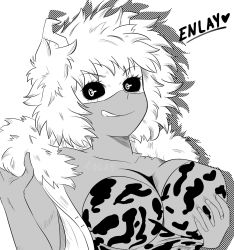 Rule 34 | 10s, 1girl, artist name, ashido mina, black sclera, boku no hero academia, grabbing another&#039;s breast, breasts, colored sclera, enlay, grabbing, greyscale, highres, horns, large breasts, looking at viewer, mask, monochrome, short hair, simple background, smile, solo, tongue, tongue out, white background