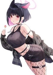 Rule 34 | 1girl, :o, animal ears, black choker, black hair, black shirt, black shorts, blue archive, blush, breasts, candy, cat ears, choker, colored inner hair, crop top, extra ears, fishnet pantyhose, fishnets, food, grey jacket, halo, highres, holding, holding candy, holding food, holding lollipop, jacket, jewelry, kazusa (blue archive), leaning, lollipop, long sleeves, looking at viewer, medium breasts, midriff, multicolored hair, necklace, open mouth, oryo (oryo04), pantyhose, pink hair, plaid, plaid jacket, red eyes, shirt, short hair, shorts, sleeveless, sleeveless shirt, solo, thigh strap, upper body, white background