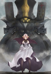 Rule 34 | 1boy, 1girl, bare shoulders, black footwear, blue eyes, breasts, brown pantyhose, charles babbage (fate), commentary request, detached sleeves, dress, fate/apocrypha, fate/grand order, fate (series), fog, frankenstein&#039;s monster (fate), gloves, hair over eyes, highres, long sleeves, marumoru, medium breasts, pantyhose, parted bangs, pink hair, puffy long sleeves, puffy sleeves, robot, shoes, short hair, skirt hold, sleeveless, sleeveless dress, standing, veil, white dress, white gloves, white sleeves