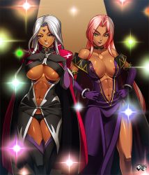 Rule 34 | 1girl, 2girls, aa megami-sama, abs, areola slip, bare shoulders, black dress, black gloves, black panties, black thighhighs, bracelet, breast suppress, breasts, center opening, cleavage, clenched hands, cloak, collar, cosplay, costume switch, covered erect nipples, crossover, dark-skinned female, dark skin, dress, elbow gloves, eyebrows, facial mark, female focus, forehead mark, gloves, glowing, grin, groin, hair intakes, hands on own hips, hands on own chest, hip focus, ingrid (taimanin asagi), ingrid (taimanin murasaki), ingrid (taimanin murasaki) (cosplay), jadenkaiba, jewelry, large breasts, lights, lilith-soft, lipstick, long dress, long hair, looking at viewer, makeup, midriff, mole, multiple girls, navel, no bra, off shoulder, panties, parted lips, pink hair, purple dress, purple eyes, purple gloves, purple lips, revealing clothes, side slit, silver hair, smile, standing, stomach, taimanin (series), taimanin asagi, taimanin murasaki, thick eyebrows, thigh gap, thighhighs, toned, turtleneck, underboob, underwear, urd (aa megami-sama), urd (cosplay), very long hair, yellow eyes, zettai ryouiki