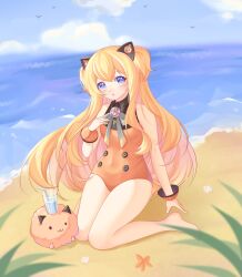 Rule 34 | 1girl, beach, blonde hair, blue eyes, blue sky, breasts, highres, horizon, one-piece swimsuit, seeu, sky, small breasts, solo, swimsuit, vocaloid