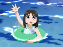 Rule 34 | 1girl, arm up, azumanga daiou, brown eyes, brown hair, casual one-piece swimsuit, female focus, floating, innertube, kasuga ayumu, long hair, looking at viewer, one-piece swimsuit, open mouth, partially submerged, solo, swim ring, swimming, swimsuit, water, waving
