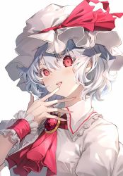 Rule 34 | 1girl, ascot, blouse, breasts, brooch, commentary, darjeeling (reley), fangs, hair between eyes, hand to own mouth, hat, hat ribbon, highres, jewelry, mob cap, open mouth, pointy ears, puffy short sleeves, puffy sleeves, red ascot, red eyes, remilia scarlet, ribbon, shirt, short hair, short sleeves, silver hair, simple background, slit pupils, small breasts, solo, touhou, upper body, white background, white hat, white shirt, wing collar, wrist cuffs