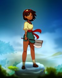 Rule 34 | 1girl, ajna (indivisible), ankle wrap, axe, beads, commentary, indivisible, miupix, sandals, sky, solo, weapon