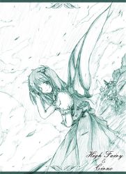 Rule 34 | 2girls, adjusting hair, character name, cirno, daiyousei, dress, dutch angle, fairy wings, female focus, kedama (touhou), looking at viewer, monochrome, multiple girls, nature, smile, embodiment of scarlet devil, touhou, wading, water, wings
