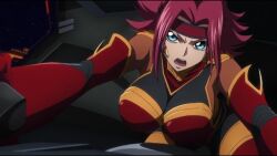 1girl animated anime_screenshot audible_speech blue_eyes bodysuit breasts code_geass code_geass:_dakkan_no_roze english_audio headband highres huge_breasts kouzuki_kallen large_breasts mecha red_hair robot short_hair solo sound tagme video