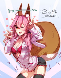 Rule 34 | 10s, 1girl, ;d, animal ears, black thighhighs, blush, breasts, cleavage, dated, fate/extra, fate (series), fox ears, fox tail, hair ribbon, heart, highres, hinomoto madoka, hood, hooded jacket, hoodie, jacket, leaning forward, long hair, looking at viewer, official alternate costume, one eye closed, open mouth, pink hair, ribbon, shorts, signature, smile, solo, standing, tail, tamamo no mae (fate/extra), tamamo no mae (spring casual) (fate), thighhighs, twintails