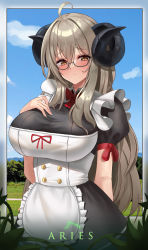Rule 34 | 1girl, absurdres, ahoge, apron, aries (constellation), aries (zodiac), arm behind back, black dress, blue sky, blush, bow, bowtie, breasts, brown eyes, closed mouth, cloud, corset, dress, english text, frills, glasses, grass, grey hair, hand on own chest, highres, horns, large breasts, long hair, looking at viewer, maid, onedoo, original, puffy short sleeves, puffy sleeves, raised eyebrows, red bow, red bowtie, red ribbon, ribbon, sheep girl, sheep horns, short sleeves, sky, solo, white apron, zodiac