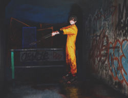 Rule 34 | 1boy, arm tattoo, blood, blood on clothes, dark, fence, from side, graffiti, grin, holding, horror (theme), jumpsuit, looking at viewer, male focus, neck tattoo, night, one eye covered, original, outdoors, outstretched arms, rit3set, shears, shoes, short hair, smile, sneakers, solo, tattoo