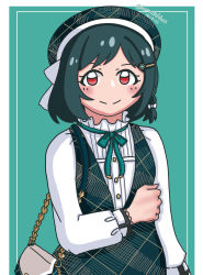 Rule 34 | 1girl, a pure and lovely moment (love live!), absurdres, alternate hairstyle, aqua background, artist name, artist request, bag, belt, beret, black hair, black hat, black skirt, blue hair, bow, bowtie, braid, breasts, buttons, checkered clothes, checkered skirt, dark blue hair, dark green hair, dress, green belt, green bow, hair between eyes, hair ornament, hairclip, handbag, hat, highres, long sleeves, looking at viewer, love live!, love live! nijigasaki high school idol club, love live! school idol festival, love live! school idol festival all stars, mifune shioriko, miniskirt, orange eyes, parted lips, plaid, plaid skirt, pleated, pleated skirt, puffy long sleeves, puffy sleeves, red eyes, short hair, shoulder bag, single braid, skirt, small breasts, smile, solo, white bow, white dress