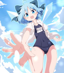 Rule 34 | 1girl, :d, absurdres, ahoge, blue bow, blue eyes, blue hair, blush, bow, breasts, cirno, cloud, collared shirt, commentary request, day, do (4-rt), fang, from below, hair bow, highres, ice, ice wings, looking at viewer, one-piece swimsuit, open mouth, school swimsuit, shirt, short hair, short sleeves, sky, small breasts, smile, solo, swimsuit, touhou, white shirt, wings