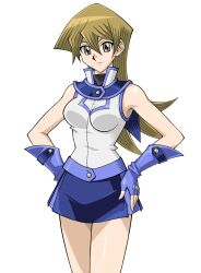 Rule 34 | 1girl, absurdres, bare legs, bare shoulders, blonde hair, breasts, elbow gloves, female focus, fingerless gloves, gloves, hands on own hips, highres, large breasts, long hair, looking at viewer, miniskirt, obelisk blue uniform, official art, school uniform, shiny clothes, shiny skin, shirt, skirt, smile, solo, standing, tenjouin asuka, very long hair, wide hips, yellow eyes, yu-gi-oh!, yu-gi-oh! gx